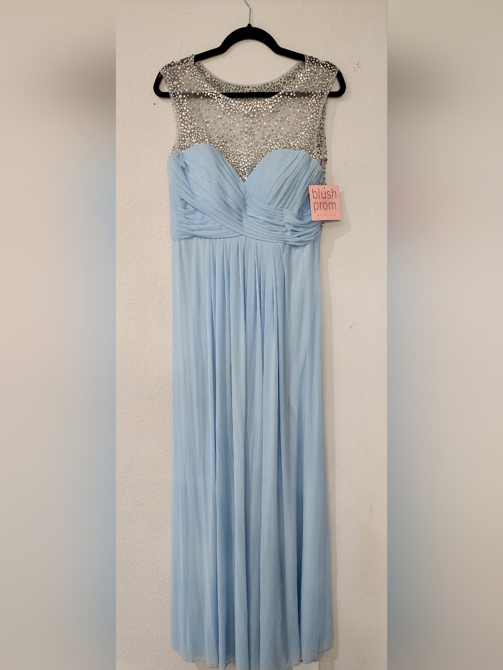 Blush Prom Pale Blue Beaded Illusion Neck Evening Gown